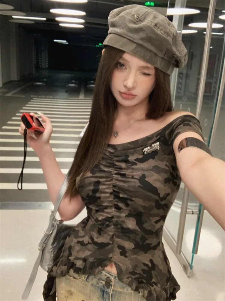 

American Camouflage Print Halter Summer Style Spicy Girl Retro Asymmetrical Lace Trim Sash Vest Sleeveless Top Women
