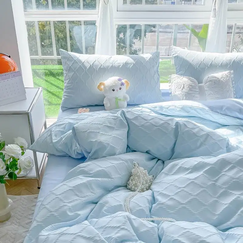 

Washed Cotton Bedding Set Bubble Cloth Three Piece Student Dormitory Bedding Sheet Cover Duvet Cover Bed Canopy Style
