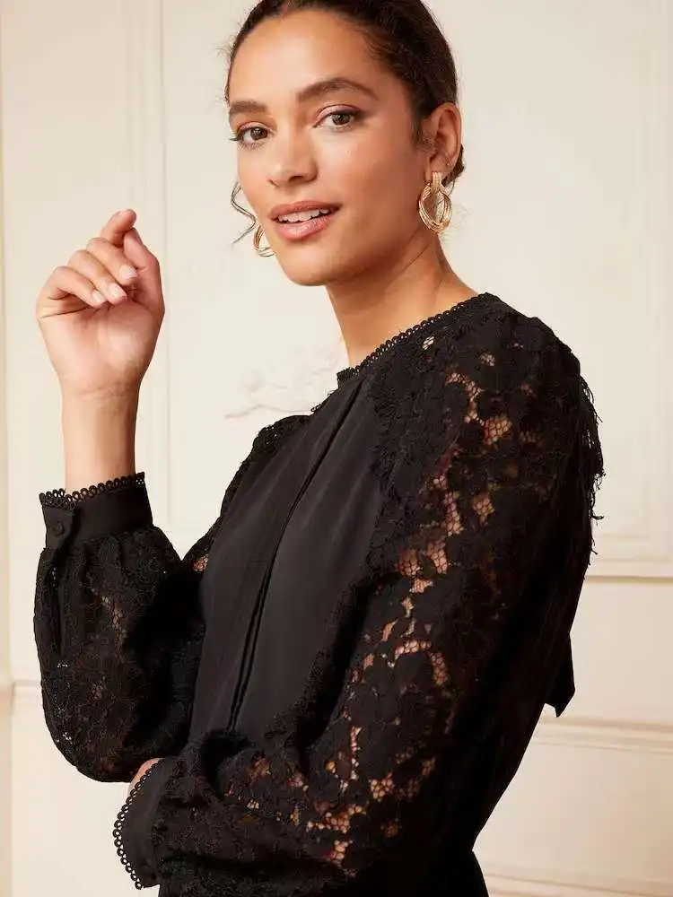 تنورة Ele Long Sve من الدانتيل المرقعة Dr Classic Bla ثقيلة الوزن من الشيفون Love Roses Courtly Aosphere على شكل حرف a