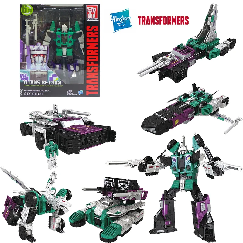 Hasbro transformadores titãs retorno desconticon revólver & seis tiros 20cm líder classe anime original figura de ação modelo brinquedo presente