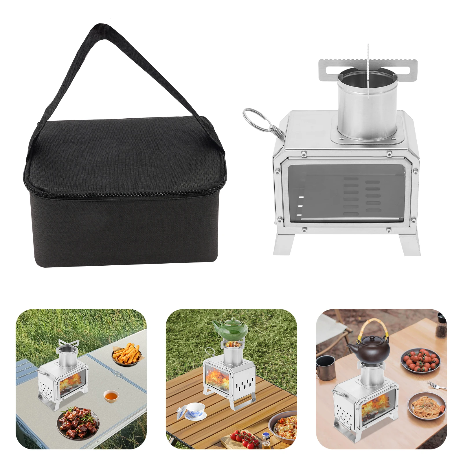 Campingkocher Holzofen Quadratischer Ofen Edelstahl Outdoor-Feuerheizung Ofen für Picknick Wandern Camping mit Tragetasche