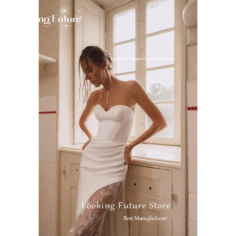 Robe de Mariée Sirène en Satin avec Dentelle Simple, Sexy, Fente Haute, Dos Ouvert, Fermeture Éclair, Style Boho, Chérie, Fibre, Quelle que soit la Tenue Personnalisée des Patients