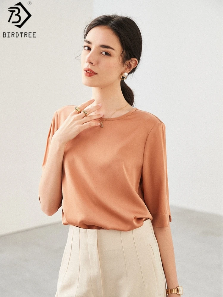 

Birdtree, 19MM 100% Real Silk Solid Tshirt, O-neck Tops, Women's Half Sleeve Basics Shirt, 2026 Spring Loose Clothes T61830JF