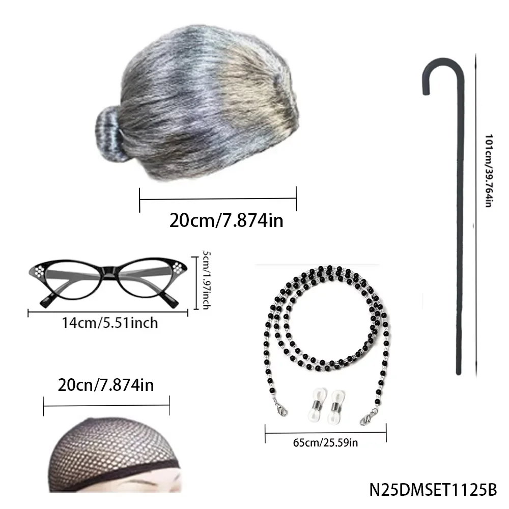 PESENAR – Kit de Costume de vieille dame, perruque Updo grise, lunettes, chaîne de lunettes, filet à cheveux, canne, accessoires de Cosplay amusants