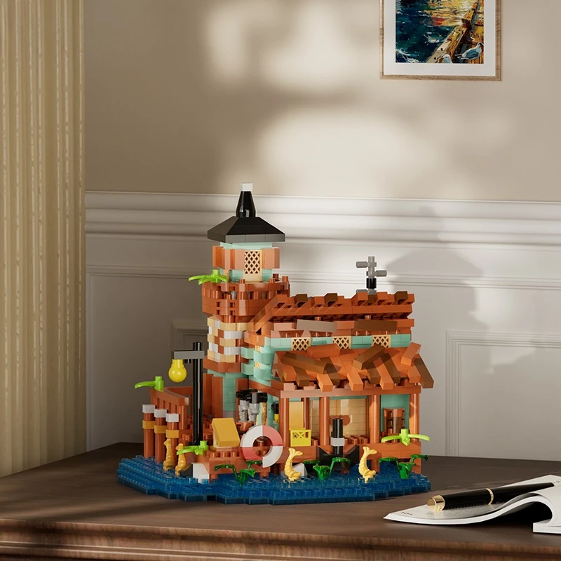 Seaside Village Lighthouse Building Blocks House Set Desktop Decor Collectible Gift Educational Assembly Toy for Home Display