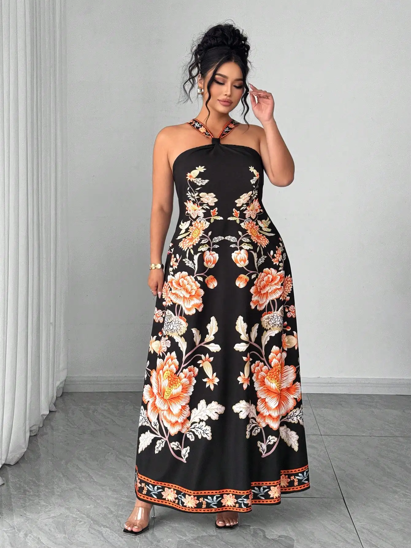 

Plus Size Women's Floral Print Halter Neck A-Line Maxi Dress For Vacation Beach Party