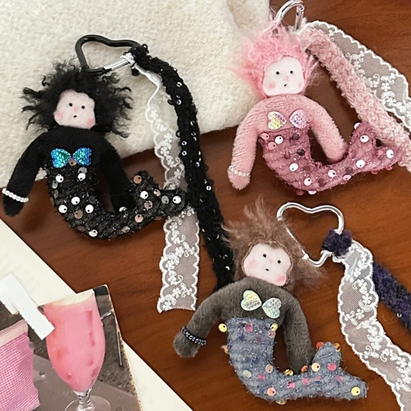 Trendy Lace Ribbon Toy Pendant Keychain with Cartoon Sequined Mermaids Dolls Girl Figure for Backpack or Key Bag Charm