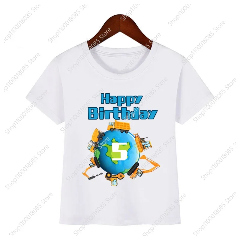 Cute and fashionable bulldozer roller children's birthday digital T-shirt boy and girl cartoon earth excavator printed T-shirt