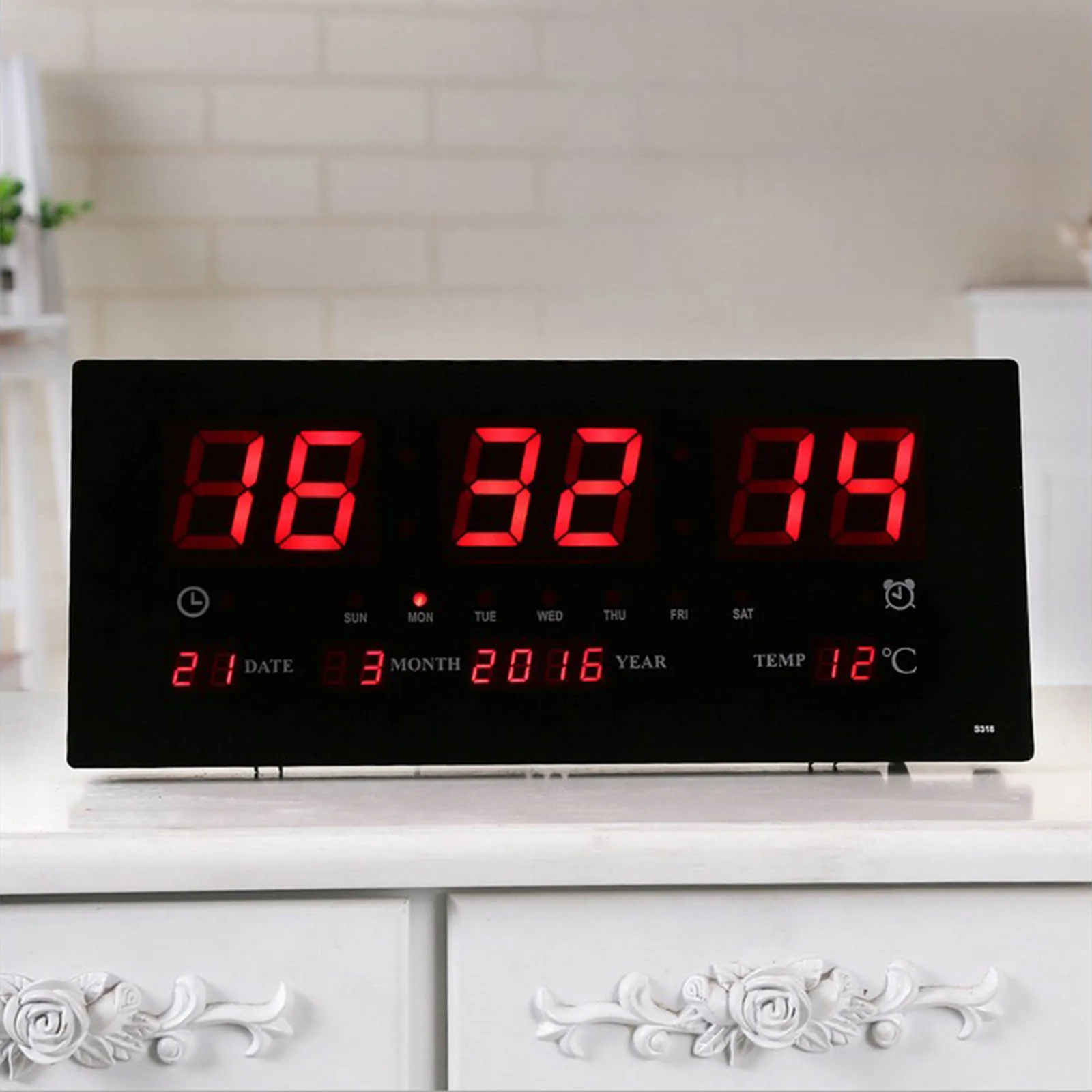 Digital LED Screen Projection Wall Clock Time Calendar with Indoor Thermometer 24H Display - Days/Month/Year EU