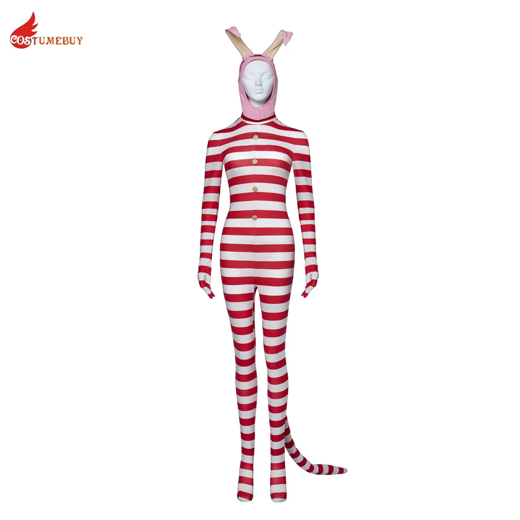 CostumeBuy Popee The Performer Cosplay Costume White and Red Striped Jumpsuit Popee Costume with Bunny Ear and Tail Outfits