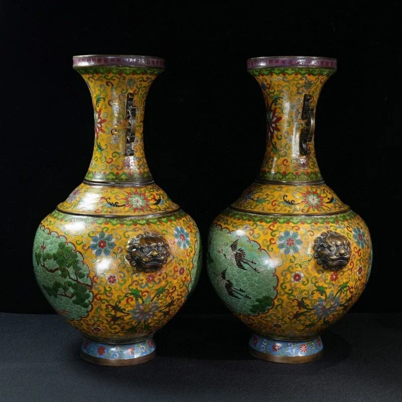 

Copper tire filigree enamel pine crane vase ornament, a pair of belly width 33 and height 50, total weight 16150 grams