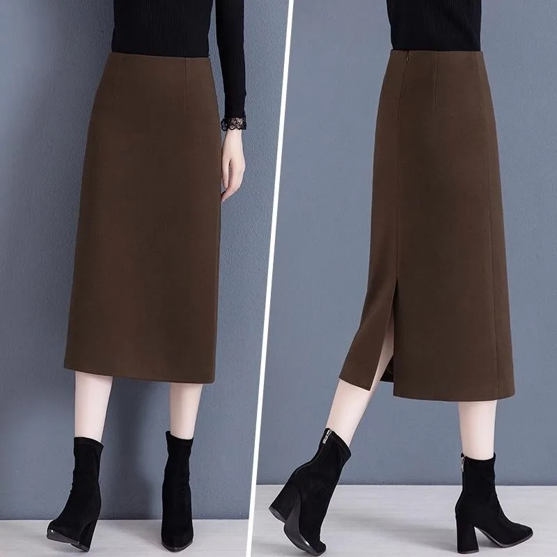 خريف شتاء جديد تنورة المرأة ألف خط منتصف طول الصوفية شق تنورة الراقية تنورة مستقيمة