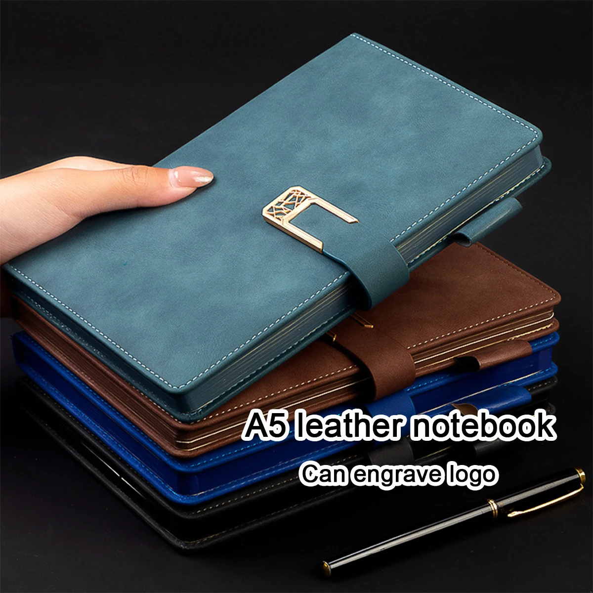 (Can Engrave Logo) A5 Buckled Leather Student Subject Notebook, Business Notepad, Meeting Record Book, thickened Diary