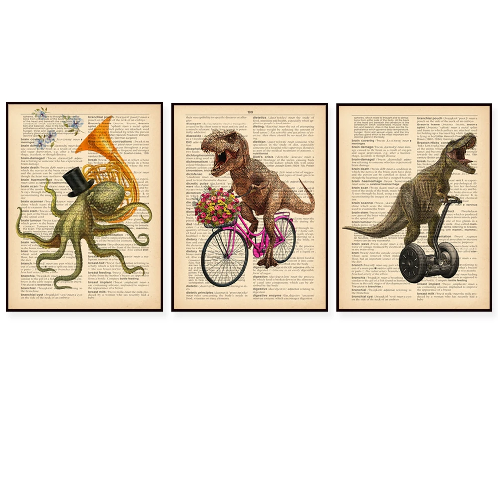 Dictionary prints, musicians printing, chess posters, dinosaurs riding bicycles, retro Tyrannosaurus posters, funny humor art