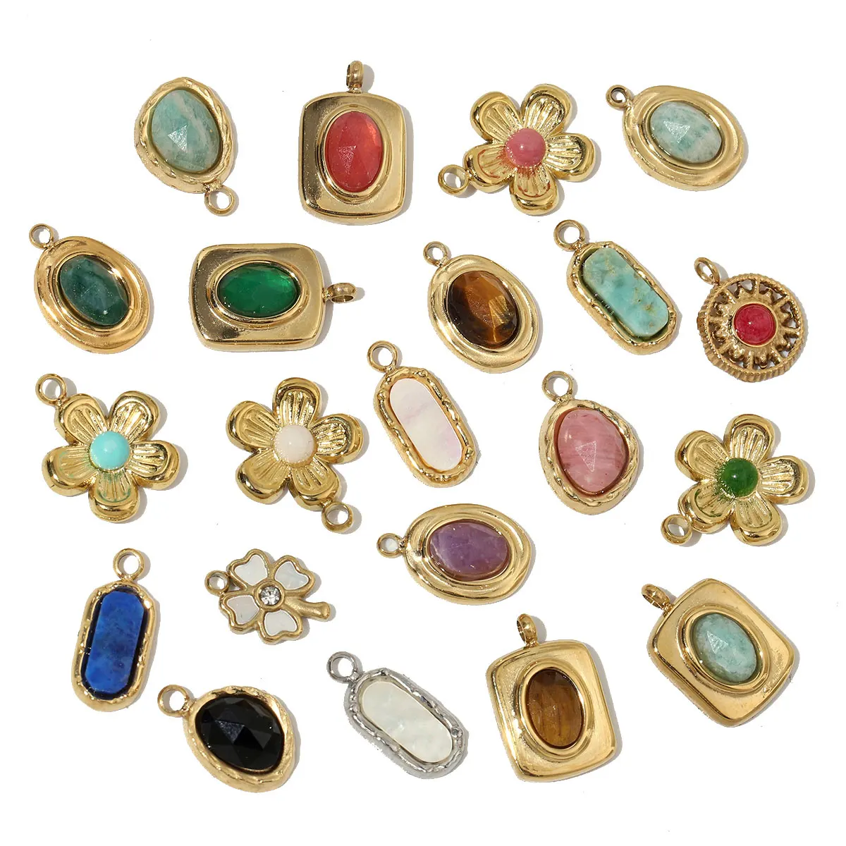 3pcs/Lot French Retro 14k Gold Color Flower Geometric Nature Stone Stainless Steel Charms Clover Necklace DIY Jewelry