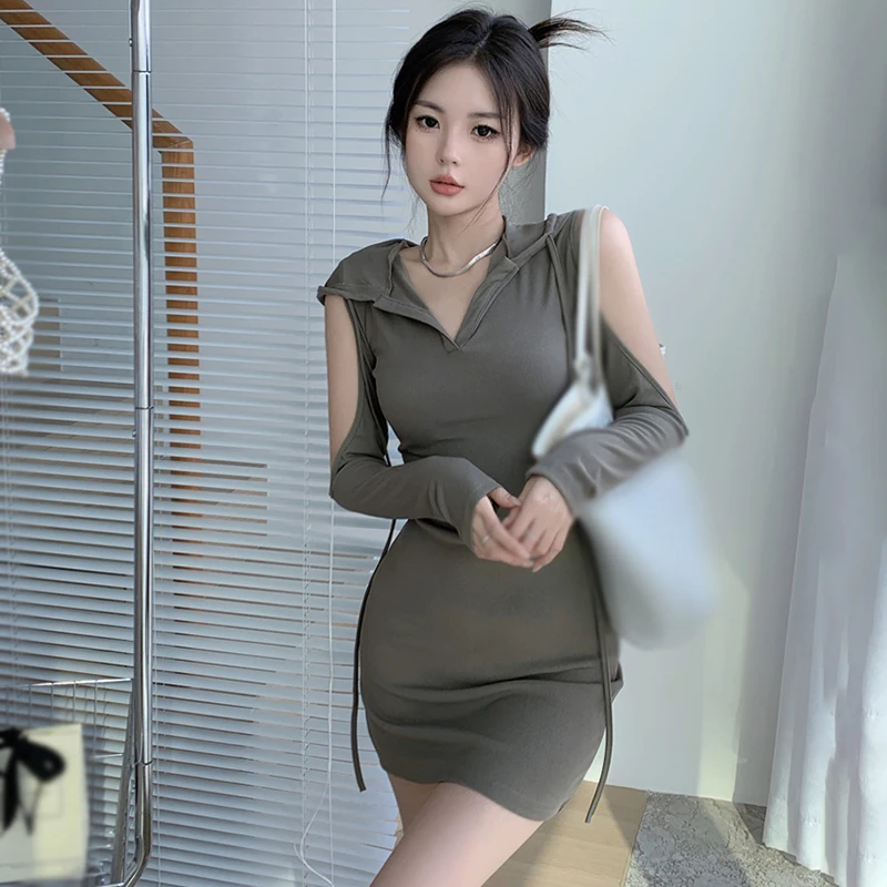 

Spring Autumn Solid Colour Hooded Dress Women's Slim Dress Slim Casual