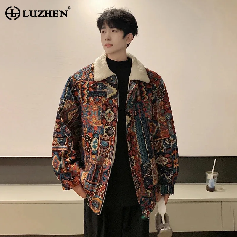 

LUZHEN Original Niche Personalized Pattern Printed Fleece Neck Casual Jacket Men's 2025 Winter Handsome Elegant Male Coat JY5057