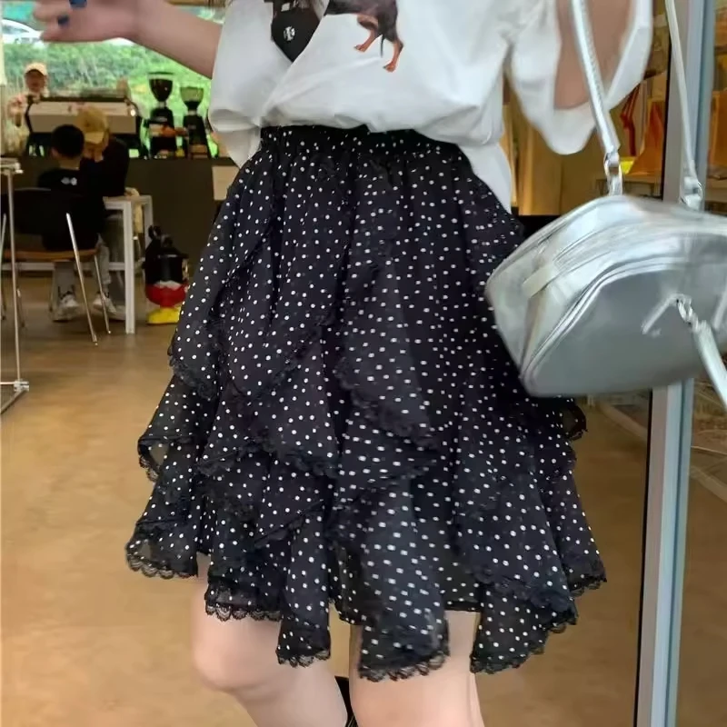 Lotus Leaf Cake Slimming Wave Point Summer New Half Skirt High Waist Irregular Lace Short Skirt