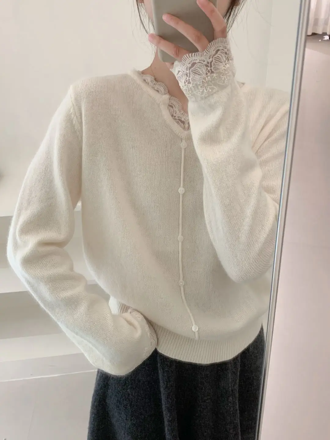 Jersey de lana con cuello en V de estilo coreano y puños de encaje, hecho de lana y lana de alpaca, suéter de punto