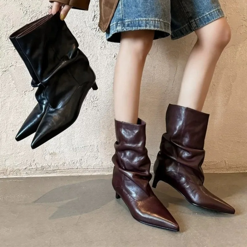 Temperament Pointed Toe Stiletto Pleated Pile Boots Women's 2026 New Wide Thin High Heels