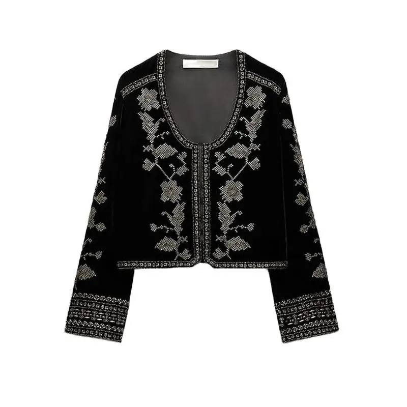 

Velvet Embroidered Jaet ort Coat Long Sve V-Ne Women's Autumn Winter New Sle Faion Outerwear Polyester Fiber