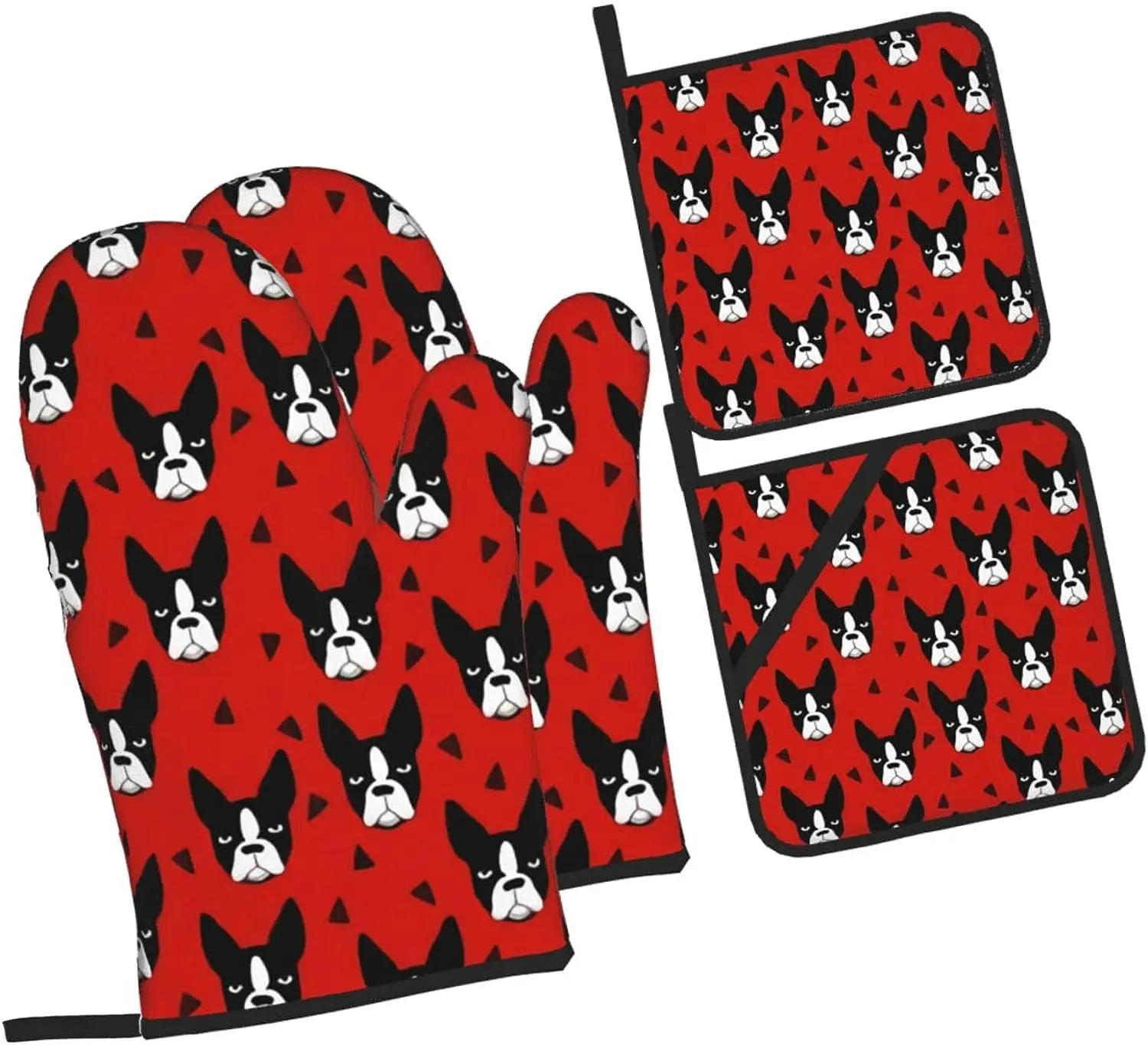 Boston Terrier Dog Polyester Oven Mitts and Pot Holders Sets of 4