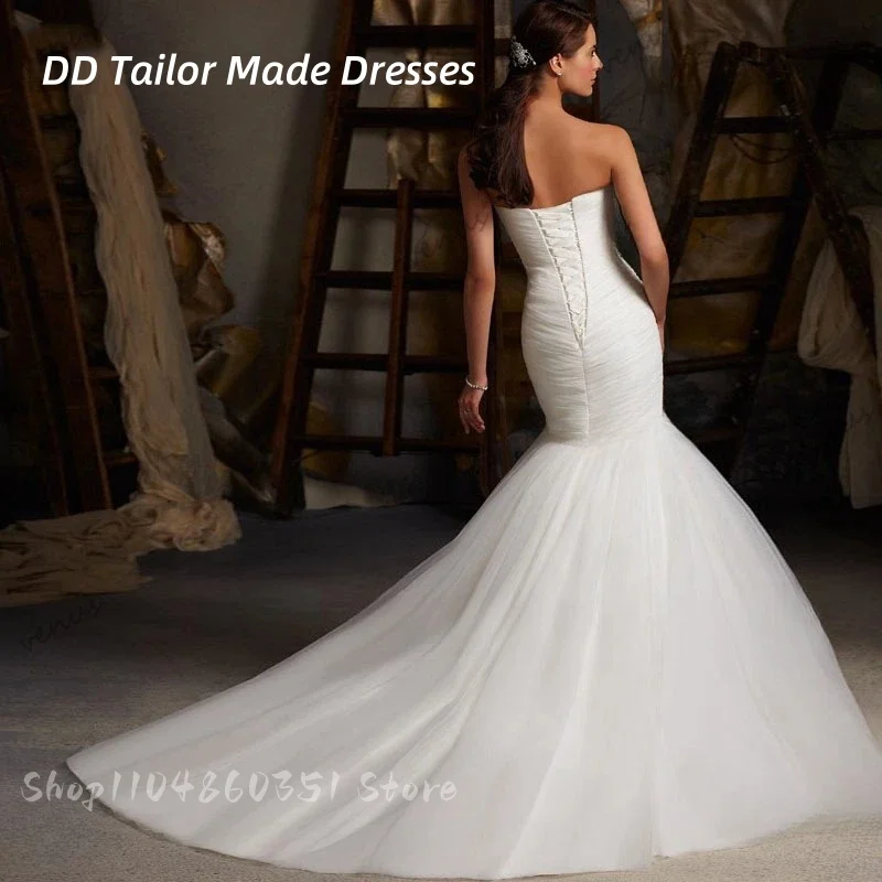 Elegant Pleats Mermaid Wedding Dress Sleeveless Lace-up Strapless Long Bridal Gowns Ivory Vestidos De Novia Customized