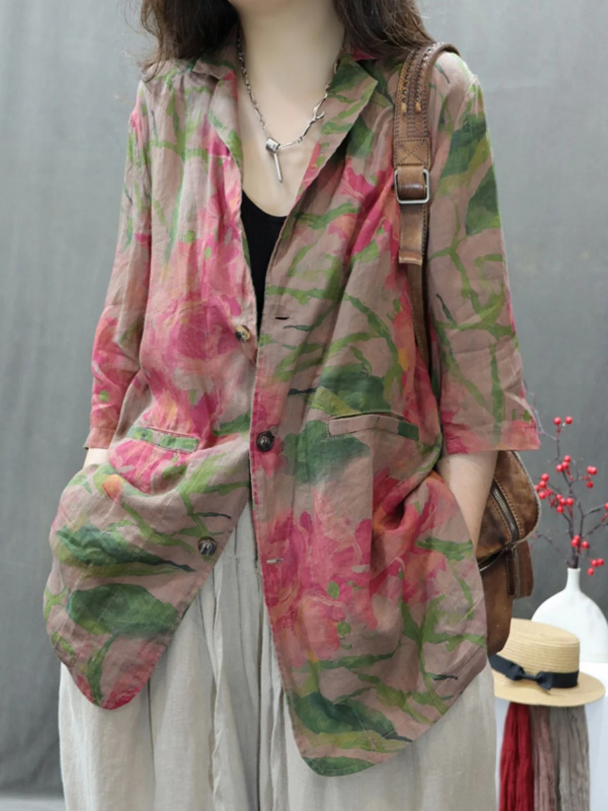

Retro Sle Floral Print Cotton Linen Loose Fit Long Sve Women's irt Cardigan Casual Busin Office Wear Summer 2024
