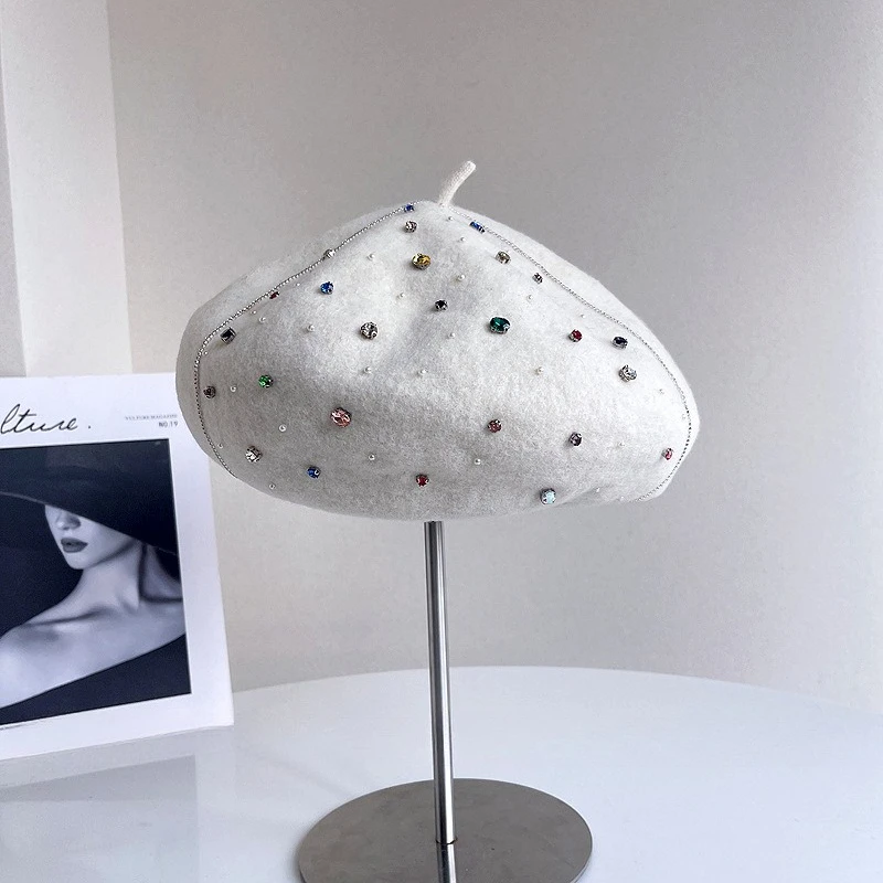 Japanese Hand-sewn Colorful Rhinestone Wool Beret Elegant Fashionable Artist's Hat Solid Color Flight Attendant Hat