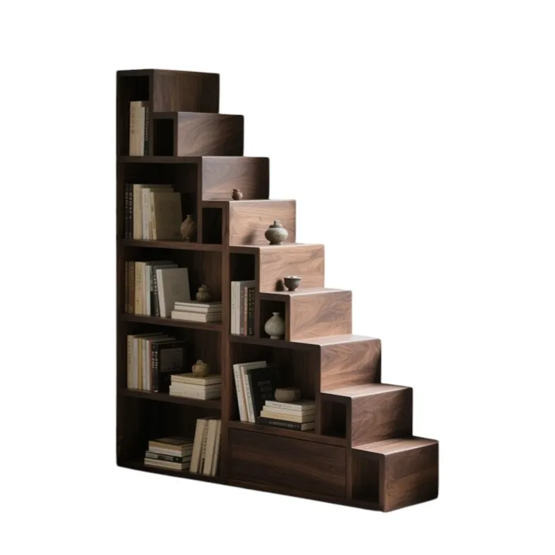 

Bookshelf Floor-to-ceiling shelf Minimalist integrated wall Black walnut solid wood Special-shaped trapezoidal bookshelf cabinet