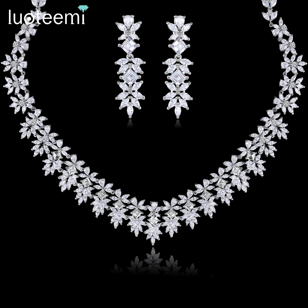 LUOTEEMI Luxury Wedding Earrings Necklace Jewellery Sets For Bridal Full CZ Flower Bride Wedding Dress Matching Set Jewelry Part