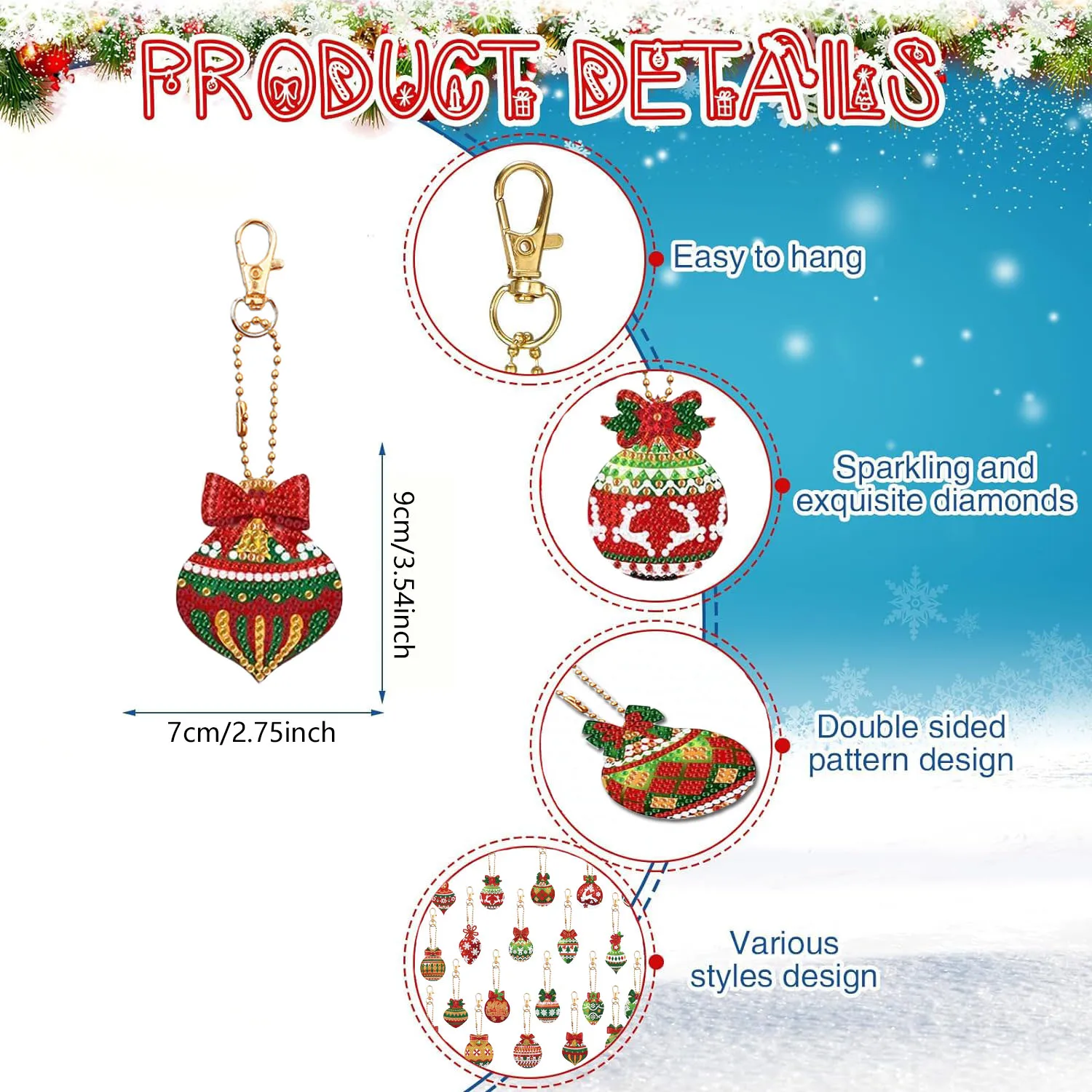 20 Sets of DIY Snowflake/Deer/Tree/Diamond Art Painting Kits, Double-Sided Keychain Diamond Bag Decoration