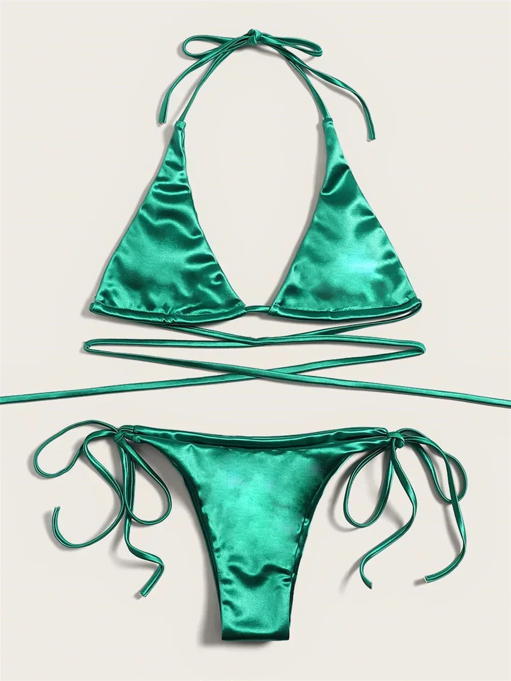 Green Satin Bikini Micro String Backless Swimsuit Extrem Swimwear Women Triangle Tanga Y2K Beach Bathing Suit Luxury Bikinis Set