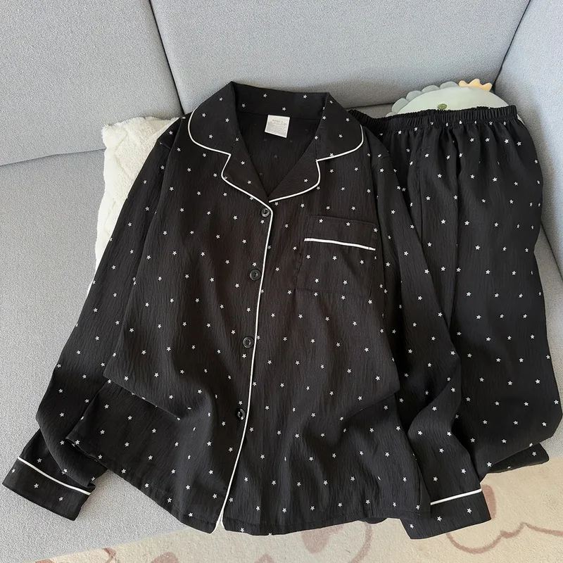 Spring and Autumn New Women's Pajamas Loungewear Set Pajamas Crinkled Fabric Leisure Loose Loungewear Long Sleeve Pants Set