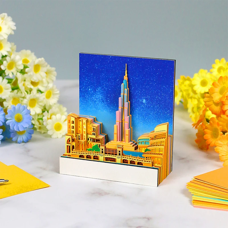 

3D Art Memo Pad 3D Memo Pad Dubai Tower 3D Notepad With LED Light Non-Stick Note Pad Paper Card Craft Creative Notes Desk