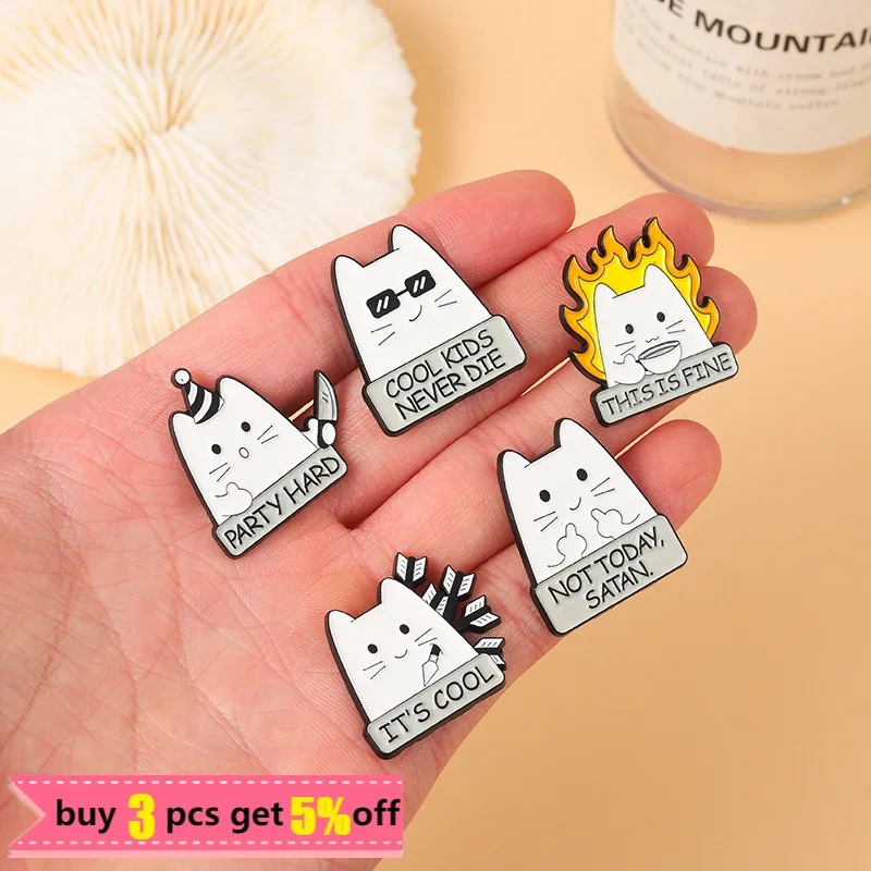 Cartoon White Cat Enamel Pin Metal Badge Brooch Knife Animal Funny Humor Drop Shipping Jewelry Women Kids Gifts Custom Wholesale