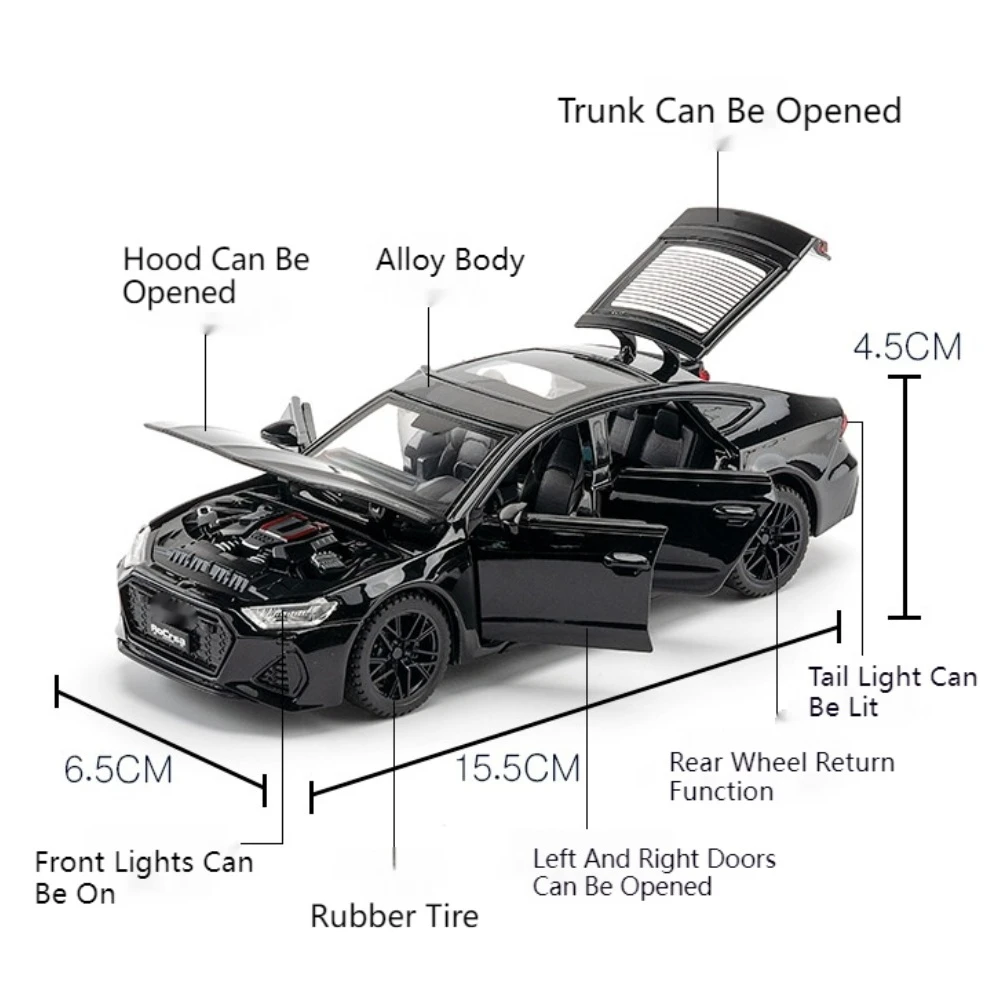 1/32 Scale RS7 Model Car Toy Alloy Diecast High Simulation with Sound and Light Pull Back Vehicles Toys for Kids Christmas Gifts