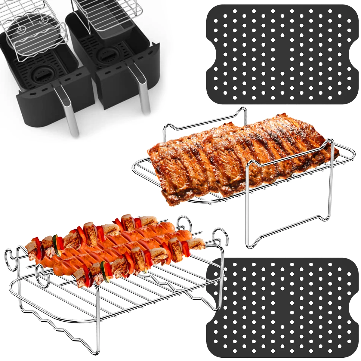 4-teiliges Heißluftfritteusen-Backgestell mit 2 Silikonmatten und 2 Edelstahl-Halterungen mit 4 Spießen, wiederverwendbar, antihaftbeschichtet