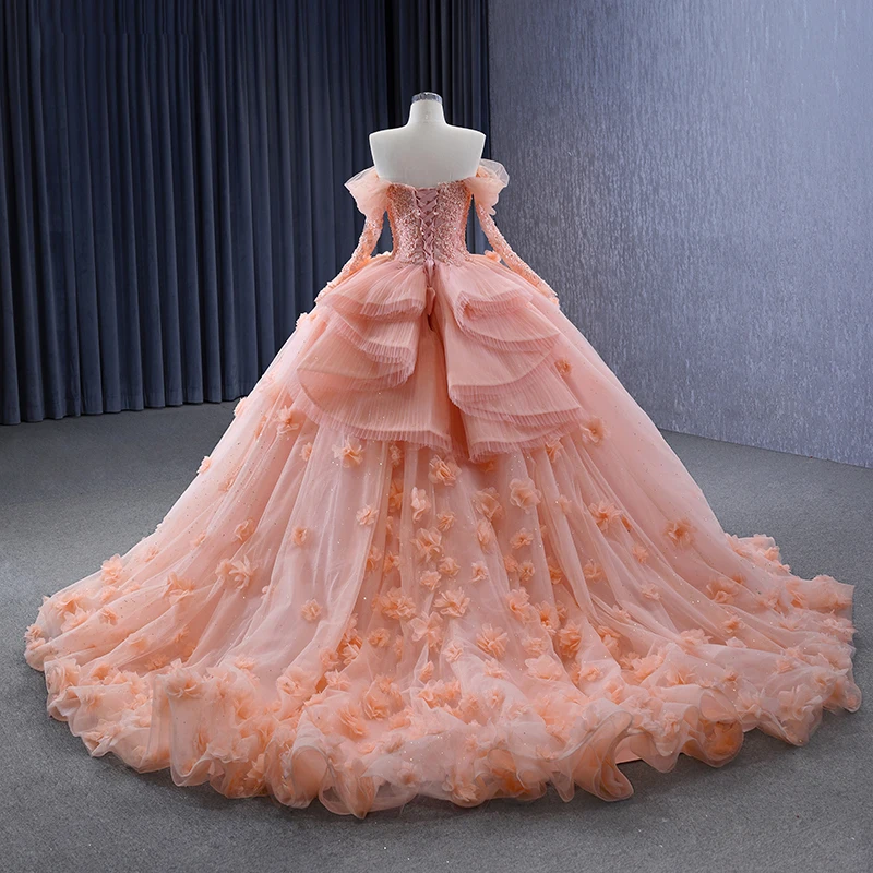 Gorgeous Luxury Wedding Guest Dress 2023 Ball Gown Off the Shoulder Full Sleeves Sweetheart RSM231096 3D Flower Lace Up