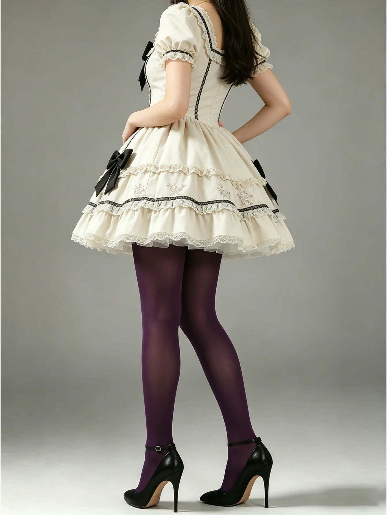 1 Paar Damen-Strumpfhosen in Dunkelviolett, blickdicht, dehnbar, einfarbig, im Lolita-Stil – Detail 4