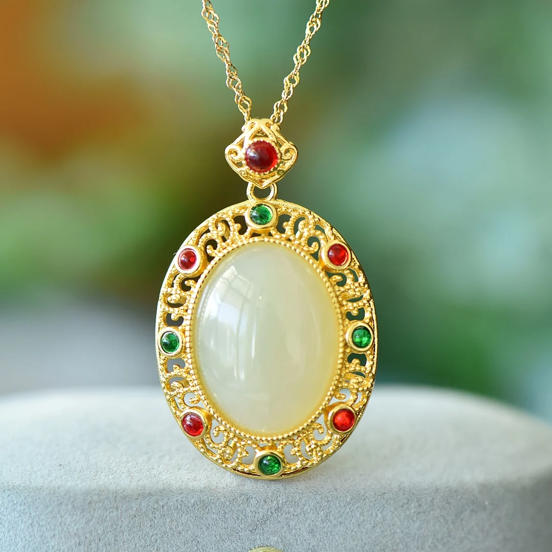 

Exquisite Inlaid Hetian jade white jade color zirconium hollow pendant