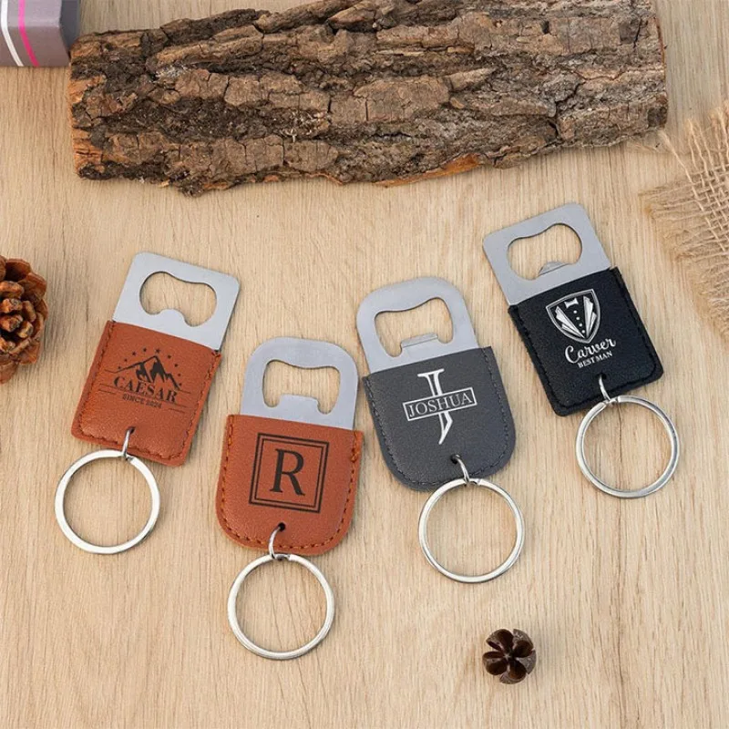Laser Custom Logo Leather Beers Bottle Opener Stainless Steel Car Key Chain Engrave Keychain Personalize Blank Vintage Keyring