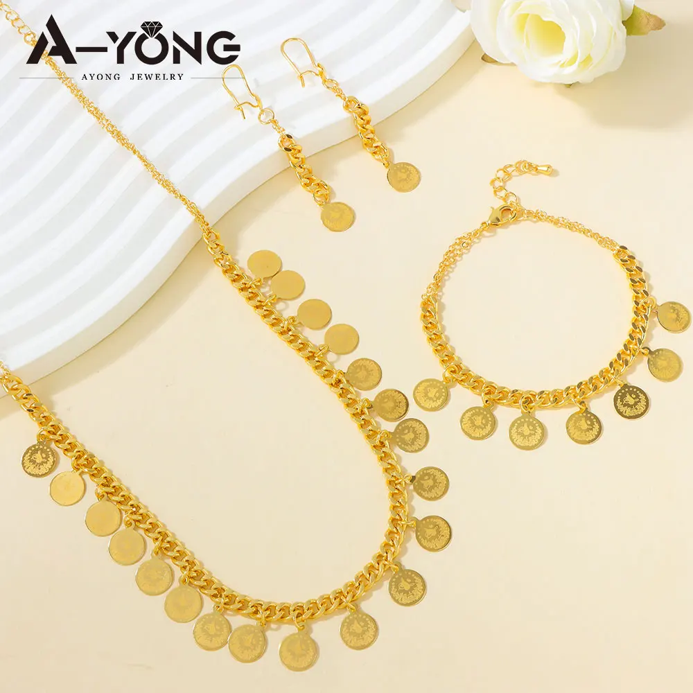 Kurdish Bridal Coins Jewelry Set 21k Gold Plated Arabic Fashion Tassel Necklace Bracelet Earrings Turkish Women Vintage Jewelrys