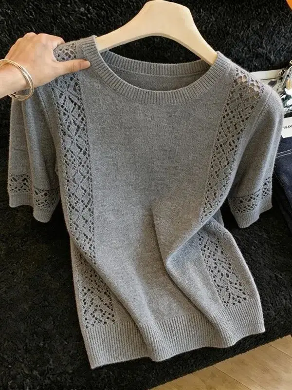 

Chic round Neck Short Sleeve Knitted Sweater Women's Summer Fashion Hollow out Design Korean Style Breathable Comfortable Top