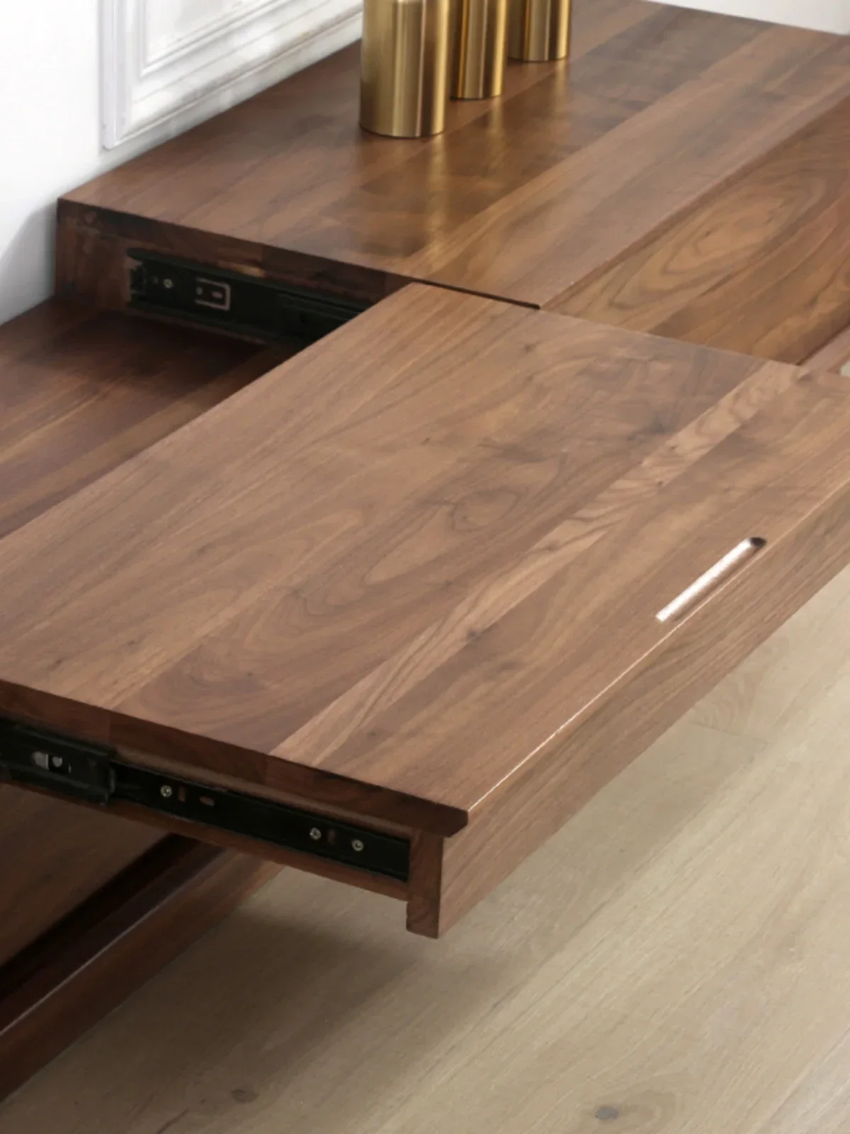 

Laser projector solid wood TV cabinet black walnut white oak Nordic simple living room storage retractable floor cabinet