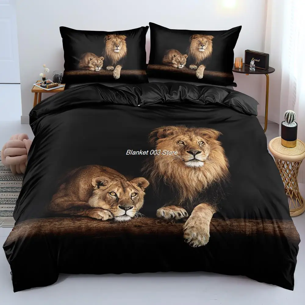 3D Lion Quilt Cover Sets Black Linens Bed Pillow Shams King Queen Super King Twin Double Full Size 180*200cm Animal Home Textile