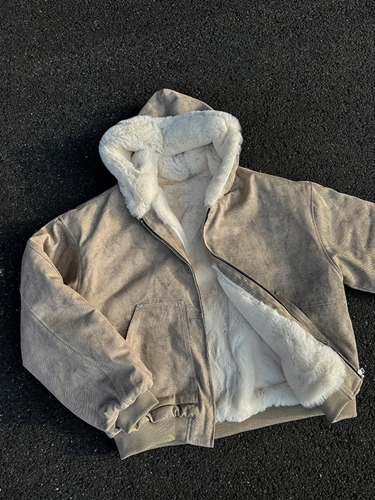 American Style Faux  Fur Marble  Eagle Hooded Jacket Thickened Winter Cotton Coat for Men Youth Fashion Casual Wear