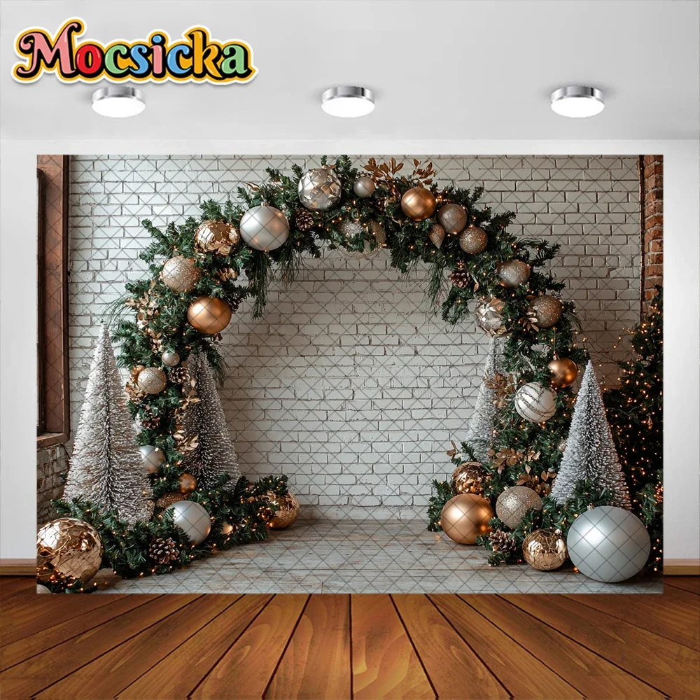 Mocsicka Photography Background Christmas Tree Garland Brick Wall Decoration Kids Holiday Portrait Photo Backdrop Studio Props