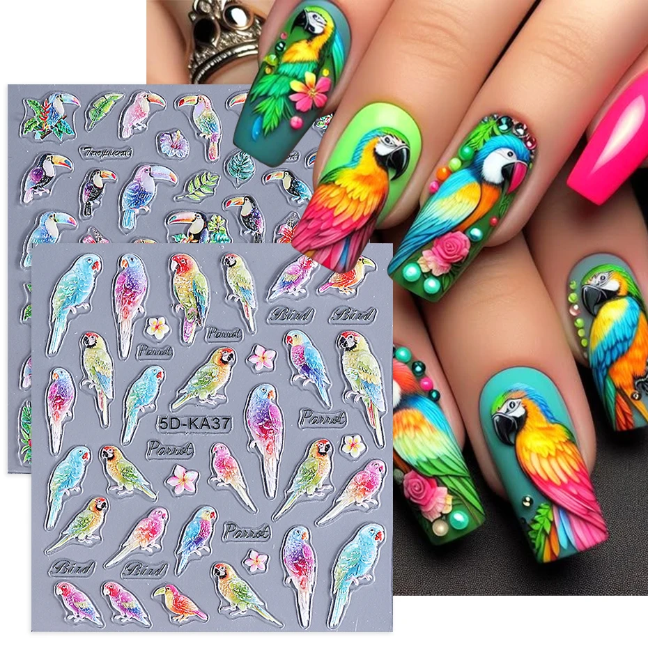 1/2pcs 5D Embossed Parrot Bird Nail Art Stickers Tropical Leaf Flower Flamingo Design Nail Decals Decoration DIY Manicure Slider