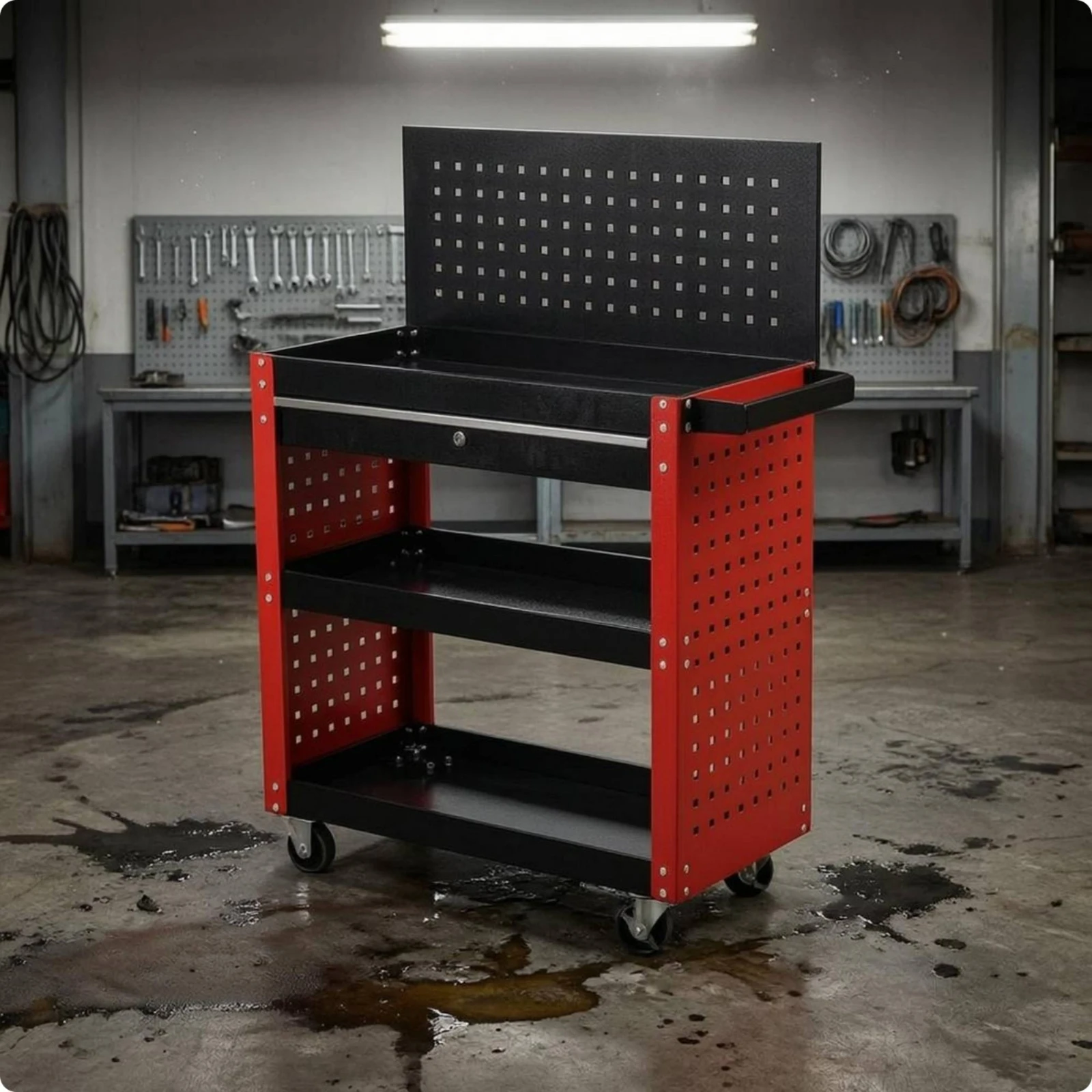 Rolling Metal Tool Cart Perforated Three-Tier Utility Cart Storage Furniture on Wheels Heavy Duty